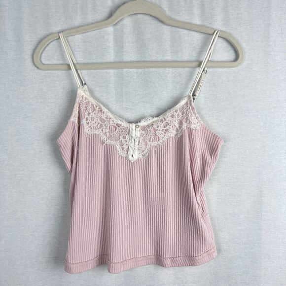 Abercrombie and Fitch Top Y2K Pink Lace Trim Crop Cami Coquette Soft Girl Dreamy - Picture 1 of 5